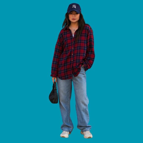 ❤️ JACHS Girlfriend Red & Navy Oversized Flannel Button-Up Shirt (Size M) - Picture 1 of 8